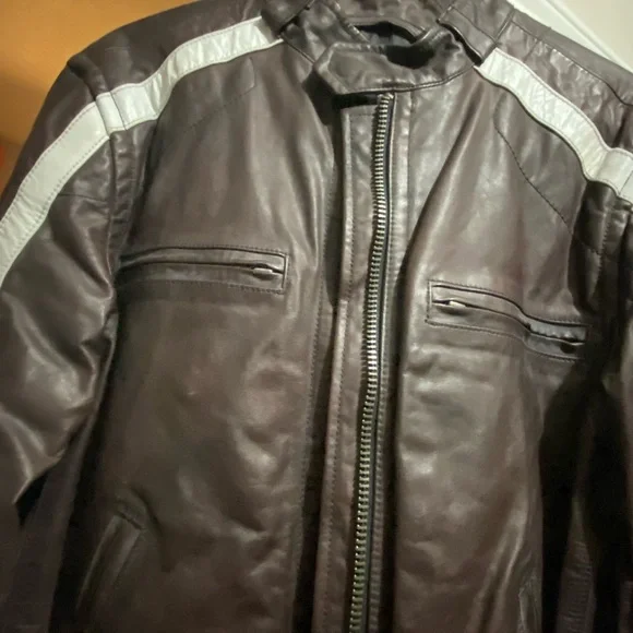 Men's Brown Leather Jacket with White Racing Stripes